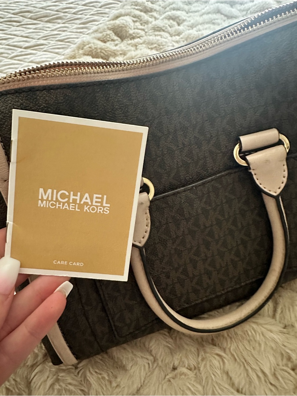 Michael Kors Brown Signature Satchel with light pink Trim and Gold Hardware